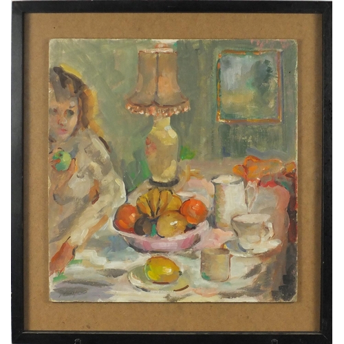 2611 - Young girl at a table, oil on wood panel, bearing an indistinct signature, mounted and framed, 41cm ... 