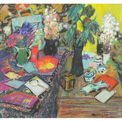 2127 - Still life objects, pastel, bearing a signature probably Morrocco, mounted and framed, 34cm x 31.5cm