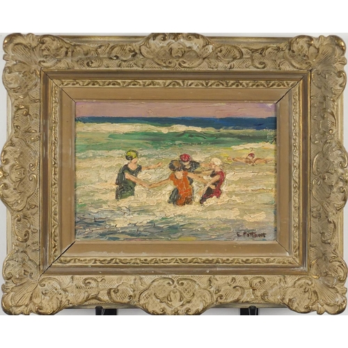 2398 - Figures playing in the sea, oil on canvas, bearing an indistinct signature possibly E Pottart, mount... 