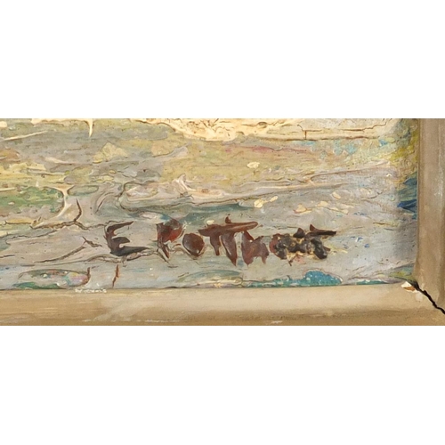 2398 - Figures playing in the sea, oil on canvas, bearing an indistinct signature possibly E Pottart, mount... 