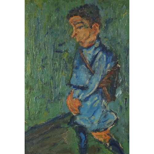 2035 - Young boy carrying a shoulder bag, oil on canvas, bearing a signature possibly Soutine, mounted and ... 