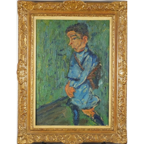 2035 - Young boy carrying a shoulder bag, oil on canvas, bearing a signature possibly Soutine, mounted and ... 