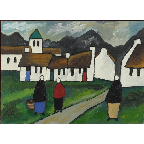 2216 - Figures and buildings before a mountain landscape, Irish school oil on canvas board, bearing a signa... 
