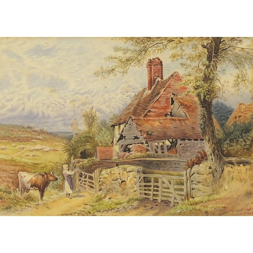 2168 - O Loyd - Figure with cattle before a cottage, 19th century watercolour, mounted and framed, 30cm x 2... 