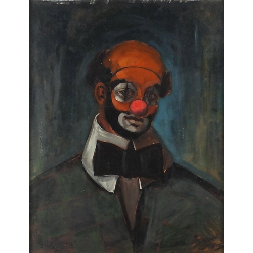 2300 - Portrait of a clown, 1950's oil on board, bearing a signature Durrani, mounted and framed, 58cm x 47... 