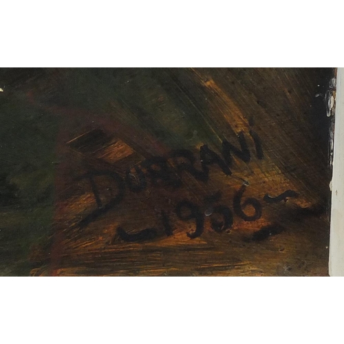 2300 - Portrait of a clown, 1950's oil on board, bearing a signature Durrani, mounted and framed, 58cm x 47... 