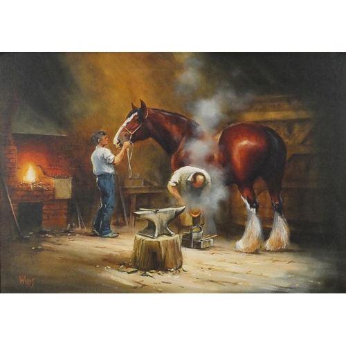 2170 - Farrier shoeing a horse, oil on canvas, bearing an indistinct signature possibly Winig, mounted and ... 