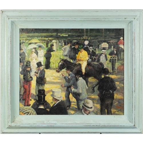 2399 - Racecourse scene, French impressionist oil on board, bearing an indistinct signature, framed, 60cm x... 