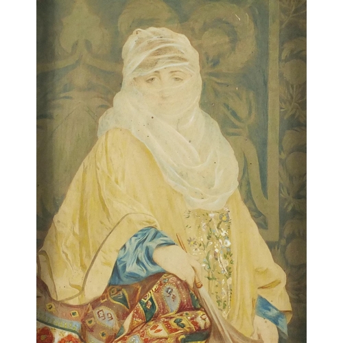 2255 - Portrait of a Middle Eastern female, inscribed label verso, mounted and framed, 23cm x 18.5cm