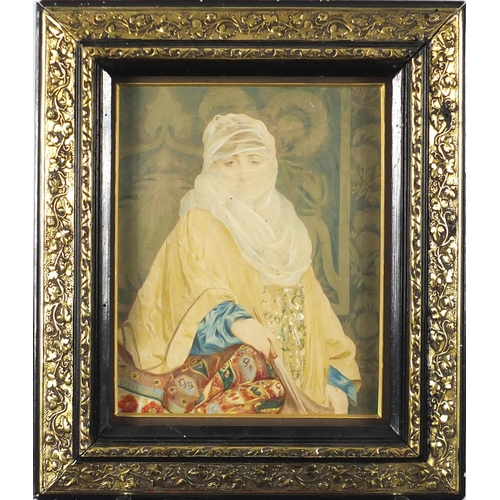 2255 - Portrait of a Middle Eastern female, inscribed label verso, mounted and framed, 23cm x 18.5cm