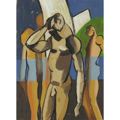2295 - Three nude males, Welsh school gouache, bearing a monogram KN, mounted and framed, 35cm x 25.5cm
