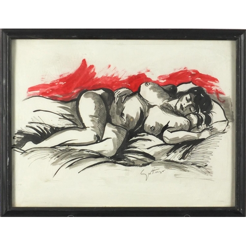 2338 - Sleeping nude female, American school watercolour, 
 bearing a signature possibly Guttuso, framed, 3... 