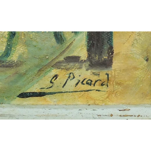 2038 - Impressionist New York street scene, oil on board, bearing a signature S Picard and inscription vers... 