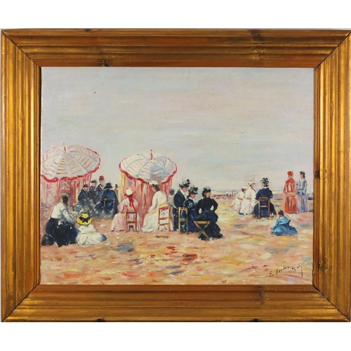 2337 - Figures on a beach, French impressionist oil on canvas, bearing a signature possibly E Beudin, mount... 