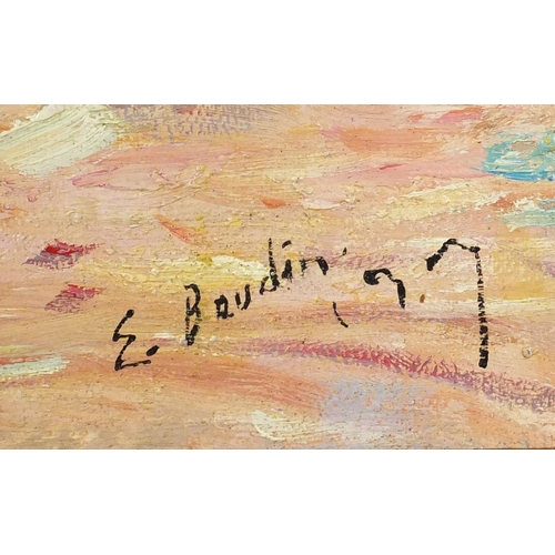 2337 - Figures on a beach, French impressionist oil on canvas, bearing a signature possibly E Beudin, mount... 