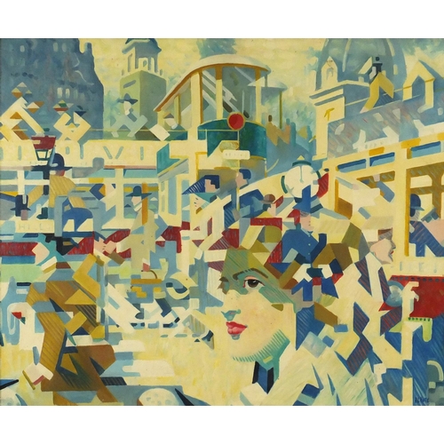 2087 - Abstract composition, town scene with a cubist figure, oil on board, bearing a signature A L Hote an... 