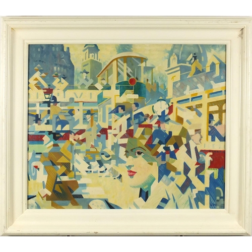 2087 - Abstract composition, town scene with a cubist figure, oil on board, bearing a signature A L Hote an... 