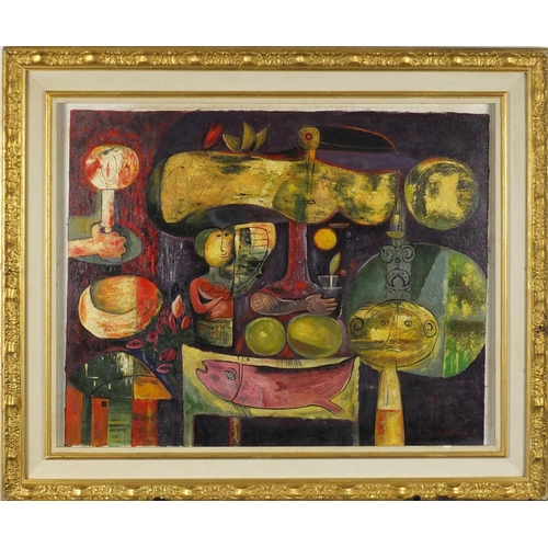 2039 - Surreal figures and animals, oil on canvas laid on board, bearing a signature possibly Cammgo, mount... 