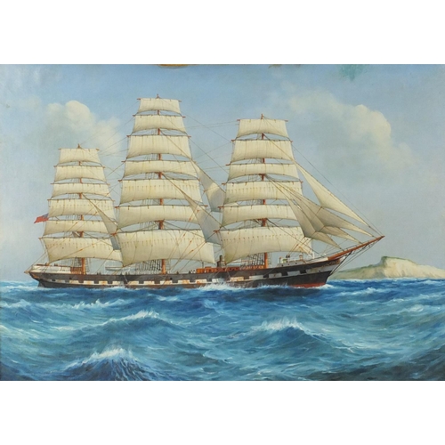 2393 - Rigged ships on choppy seas, pair of oil on canvases laid on boards, mounted and framed, each 54cm x... 