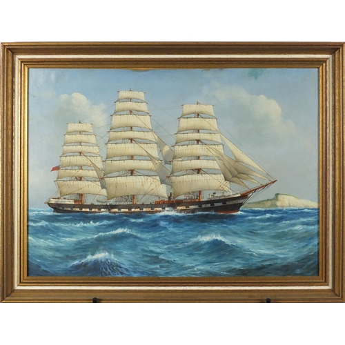 2393 - Rigged ships on choppy seas, pair of oil on canvases laid on boards, mounted and framed, each 54cm x... 