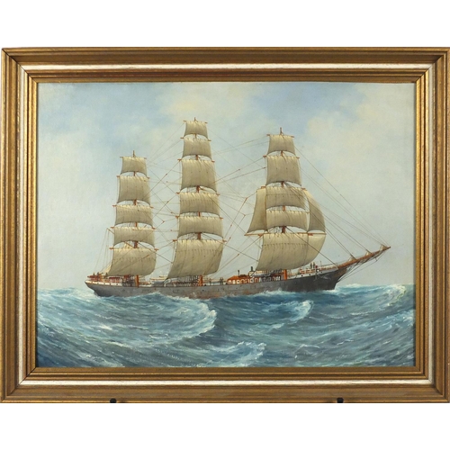 2393 - Rigged ships on choppy seas, pair of oil on canvases laid on boards, mounted and framed, each 54cm x... 