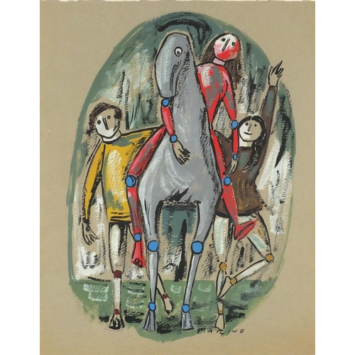 2210 - Three figures and a donkey, Italian school gouache, bearing a signature possibly Marcino, framed, 40... 