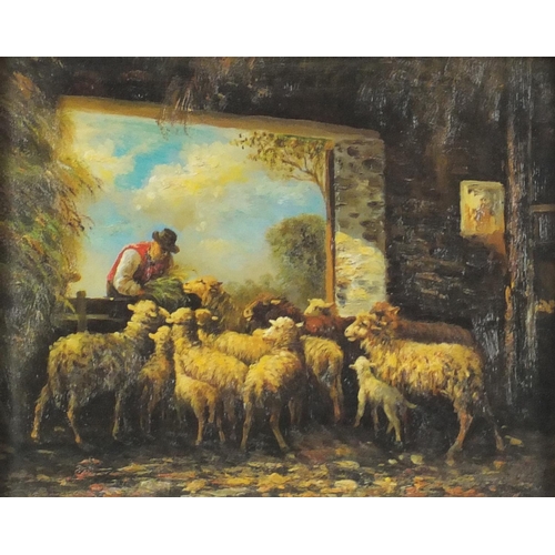 2339 - Flocks of sheep, pair of Old Master style oil on boards, mounted and framed, each 24cm x 18.5cm