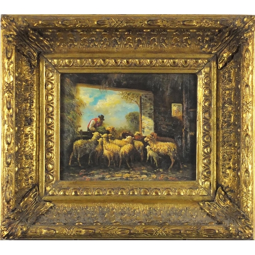 2339 - Flocks of sheep, pair of Old Master style oil on boards, mounted and framed, each 24cm x 18.5cm