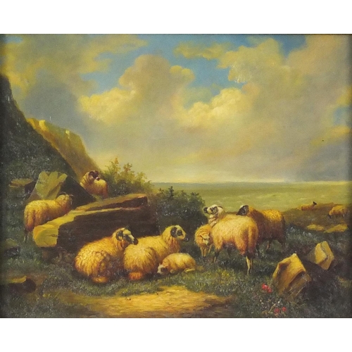 2339 - Flocks of sheep, pair of Old Master style oil on boards, mounted and framed, each 24cm x 18.5cm