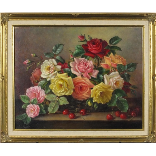 2088 - Constance Cooper - Still life flowers in a basket, oil on canvas, label verso, mounted and framed, 5... 