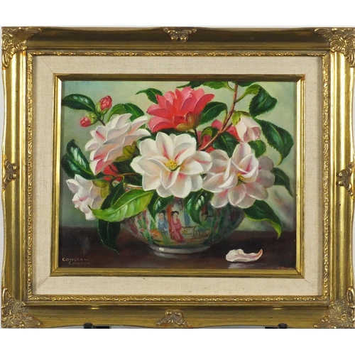 2217 - Constance Cooper - Still life flowers in a Cantonese bowl, oil on canvas, label verso, mounted and f... 