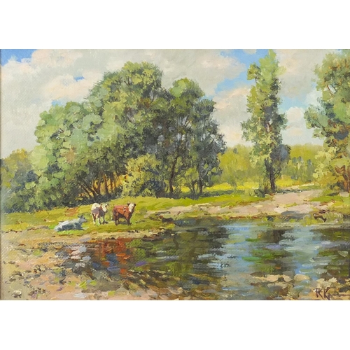 2215 - Viktor Krassilnikov - Cattle beside a lake, Russian school oil on canvas, inscribed verso, mounted a... 