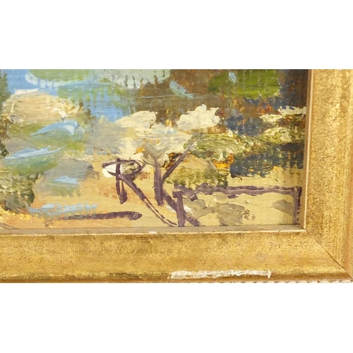 2215 - Viktor Krassilnikov - Cattle beside a lake, Russian school oil on canvas, inscribed verso, mounted a... 
