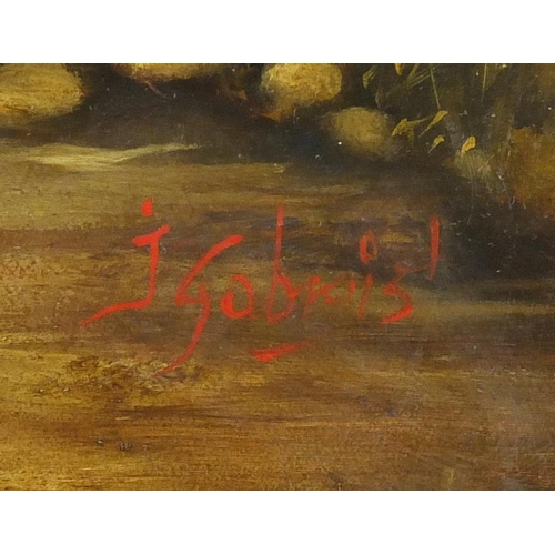 2612 - Figures beside water, Dutch school oil on wood panel bearing a signature possibly J Gobkis, mounted ... 