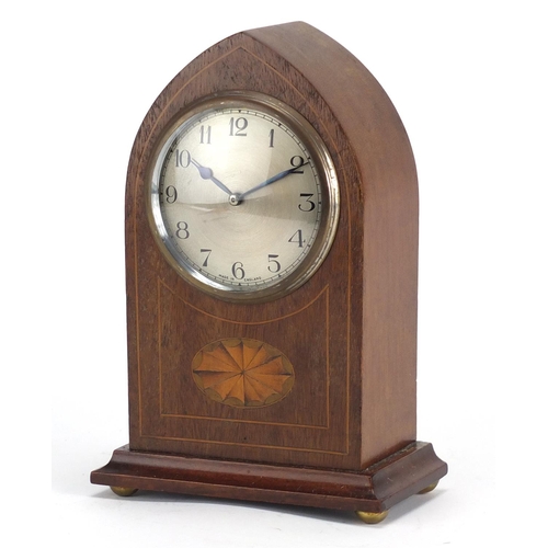 2196 - Inlaid mahogany Gothic arch topped mantel clock, with Arabic numerals, 22.5cm high