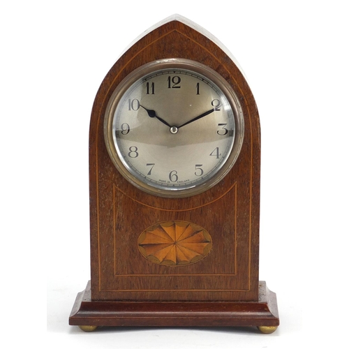 2196 - Inlaid mahogany Gothic arch topped mantel clock, with Arabic numerals, 22.5cm high