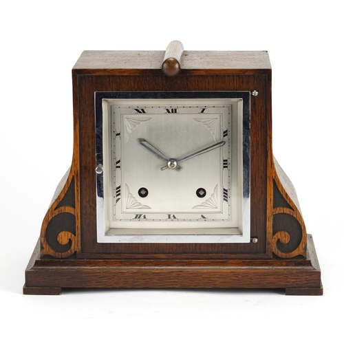 2234 - Art Deco oak Empire striking mantel clock with silvered dial and Roman numerals, 21.5cm high