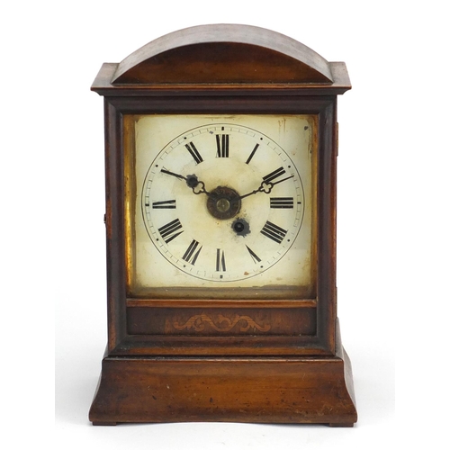 2182 - Inlaid walnut chiming mantel clock, the painted dial with Roman numerals, 29cm high