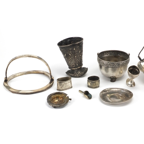 611 - Russian silver and white metal objects including goblet, napkin rings, baskets and ewer mount, vario... 