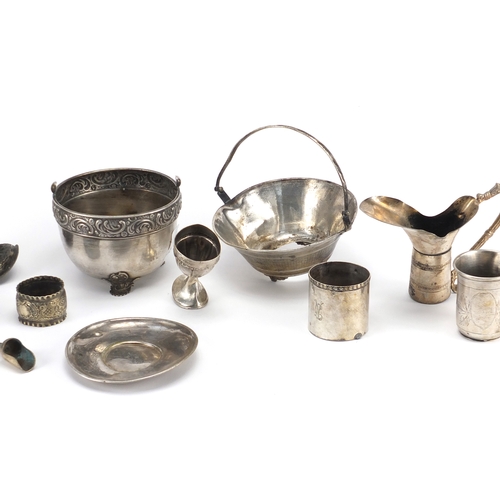 611 - Russian silver and white metal objects including goblet, napkin rings, baskets and ewer mount, vario... 