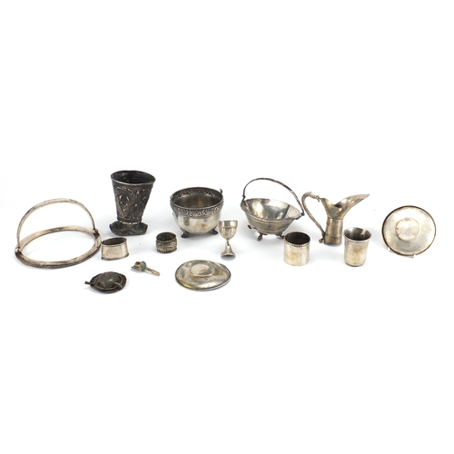 611 - Russian silver and white metal objects including goblet, napkin rings, baskets and ewer mount, vario... 