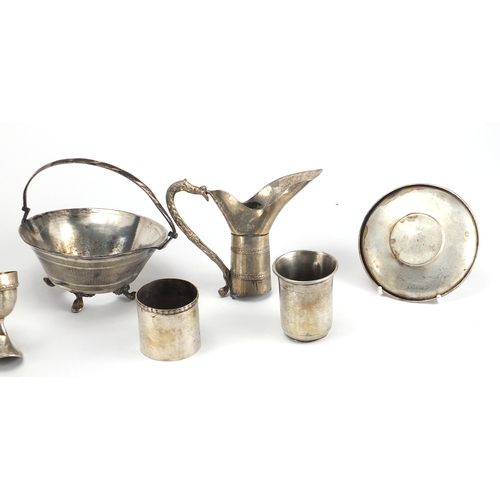611 - Russian silver and white metal objects including goblet, napkin rings, baskets and ewer mount, vario... 