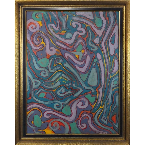 955 - Abstract composition, oil on canvas, bearing a signature possibly Alechinshu, mounted and framed, 73... 