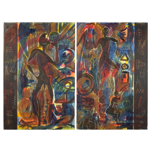 943 - Surreal figures, pair of African tribal school oil on canvases, unframed, each 100cm x 66cm