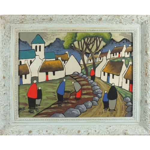 2340 - Figures and cottages before mountains, Irish school gouache, bearing a signature Markey, framed, 39.... 