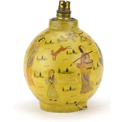 2096 - Vintage Papier-mâché table lamp, hand painted with figures and animals, 22.5cm high