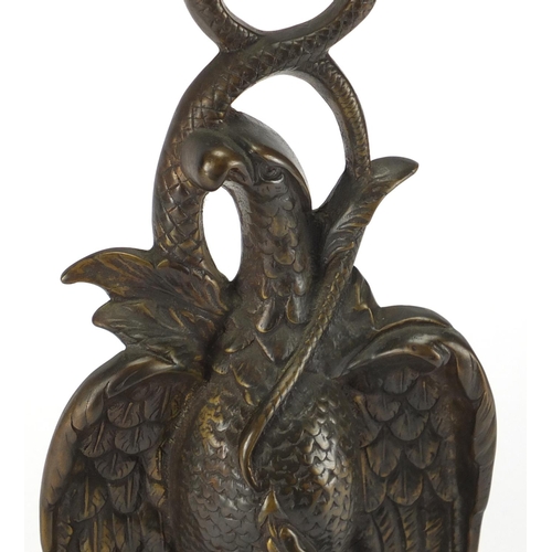 2274 - Bronze eagle doorstop with rectangular green marble base, 36cm high