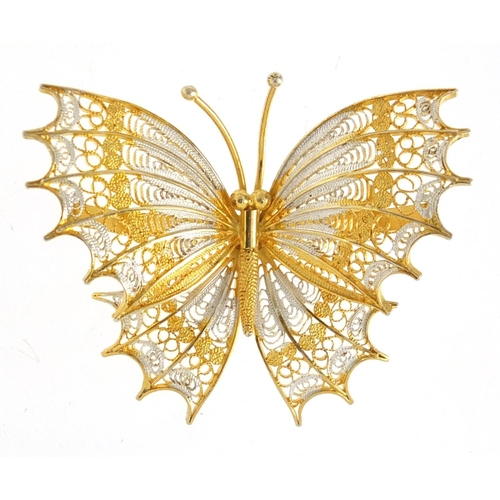 2851 - 800 grade silver gilt Filigree butterfly brooch, impressed makers mark possibly F & C E, 4.3cm wide,... 