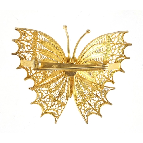 2851 - 800 grade silver gilt Filigree butterfly brooch, impressed makers mark possibly F & C E, 4.3cm wide,... 