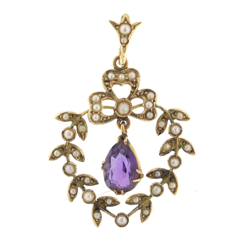 2632 - Art Nouveau 9ct gold amethyst and seed pearl pendant, 3.5cm in length, approximate weight 3.3g